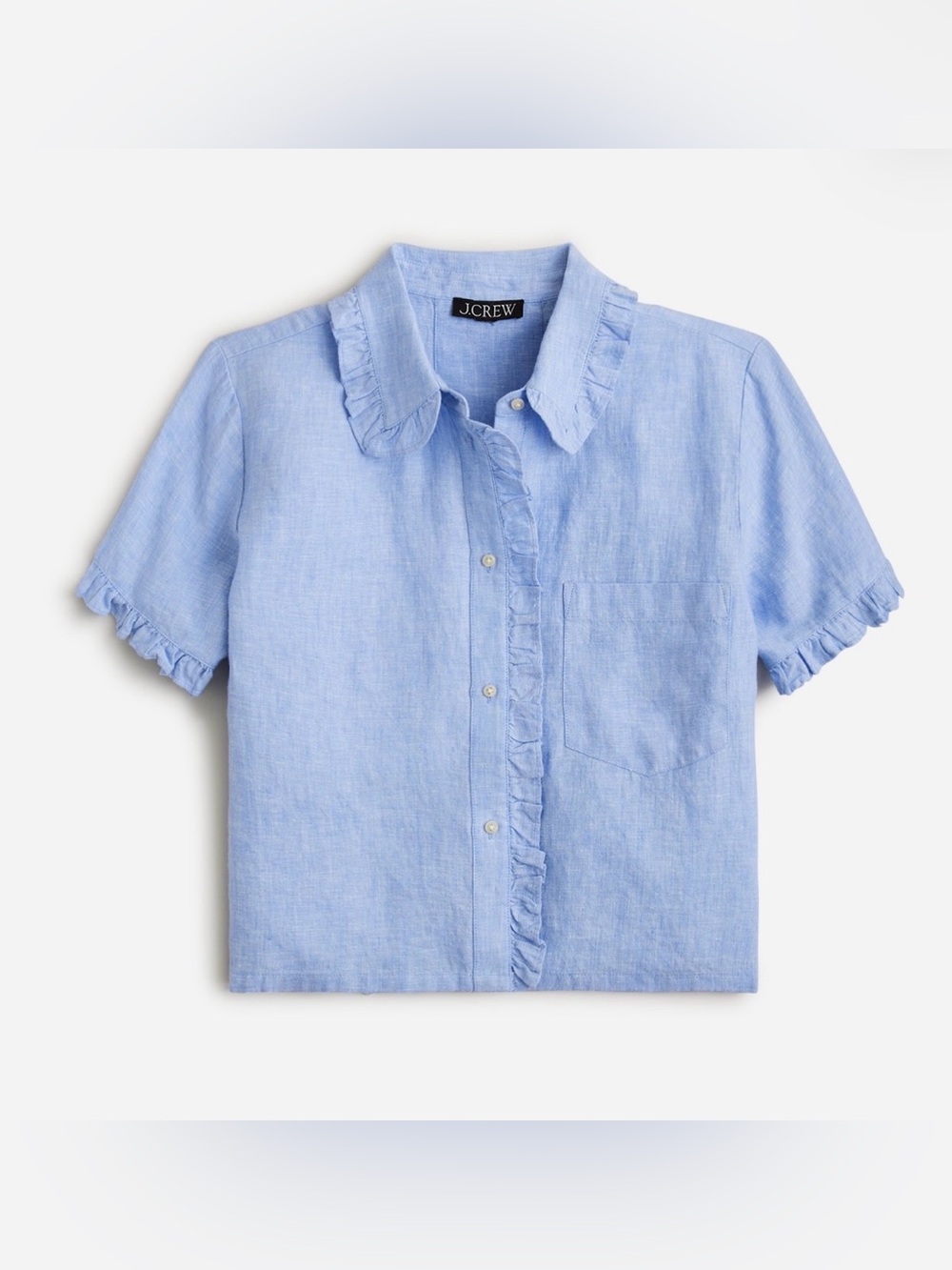 J.Crew Ruffle-Trim Button-Up Shirt in Linen Blue Size M